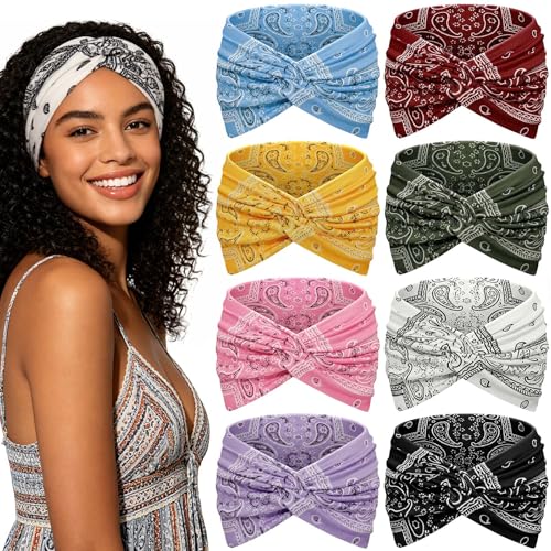 Awumbuk Wide Headbands for Women, 7.08 Inch Thick Boho Turban Style Hair Wraps, Non-Slip Moisture-Wicking Workout Headband for Sports, Yoga, Daily Fashion, 8 Pack Multi Colors (Purple Boho Paisleys) - color: Purple Boho Paisleys