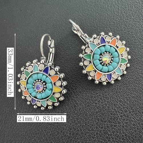 Unique Bohemian Vintage Sparkly Crystal Colorful Round Flower leverback earrings Boho Retro Bronze Circle Beaded Flower Floral Dangle Drop Earrings for Women - color: Sliver Blue