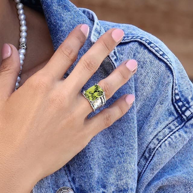JEAN RACHEL JEWELRY 925 Sterling Silver Ring - Hammered Vintage Design with Octagon Shaped Cubic Zirconia - Hypoallergenic, Lead & Nickel Free - Artisan Handcrafted Statement Rings for Women - color: Peridot CZ