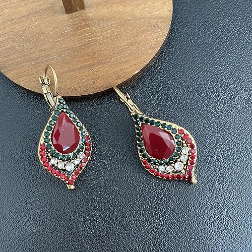 Unique Bohemian Vintage Sparkly Crystal Colorful Round Flower leverback earrings Boho Retro Bronze Circle Beaded Flower Floral Dangle Drop Earrings for Women - color: Red 11