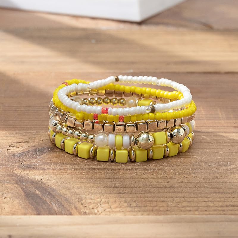 COLORFUL BLING 5Pcs/Set Bohemian Stackable Beads Bracelet for Women Multilayer Boho Seed Statement Stretch Strand Bracelet Friendship Women Jewelry - color: yellow