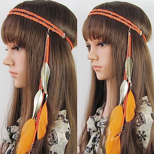 WLBON Halloween Boho Feather Headband Hippie Indian Leaf Hair Hoops Bands Tassel Bohemian Headpiece Hairband Women Xmas Wedding Festival Masquerade Cosplay Dress Up Birthday Party Accessories Orange - color: Purple Tone