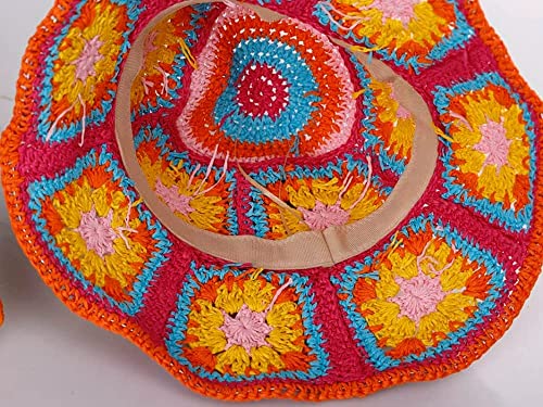 Women Straw Sun Hat Floral Woven Crochet Bucket Hat Y2k Aesthetic Accessories Beach Hat Hand Woven Boho Foldable Cap - color: Rose
