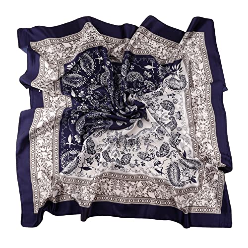 NZKNP Silk-Like Head Scarf - Women's Bandana Wraps - color: 24-navy and White, size: 35"*35"