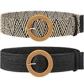 2 Pieces Women Straw Woven Elastic Stretch Waist Belt Skinny Dress Braided Waist Belt with Wooden Style Buckle - color: Black and Stripe Color