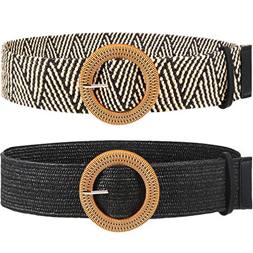 2 Pieces Women Straw Woven Elastic Stretch Waist Belt Skinny Dress Braided Waist Belt with Wooden Style Buckle - color: Black and Stripe Color