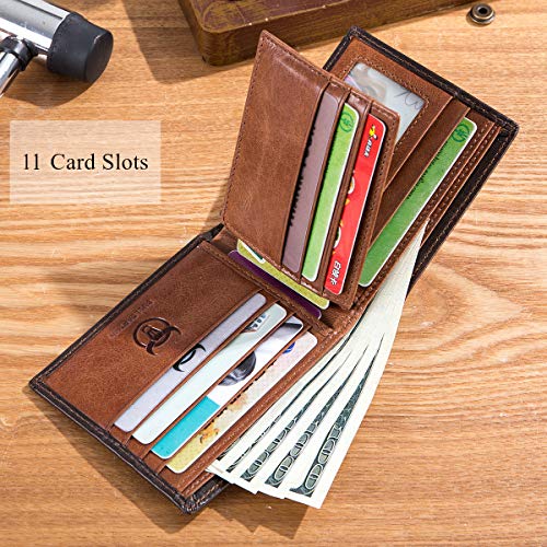 BULLCAPTAIN RFID Wallets for Men,Genuine Leather Wallet QB-05 (Brown) | Slim,Bifold,Front Pocket Wallet, 2 ID Windows,11 Card Slots,RFID Blocking Technology,Gift Choice - color: Brown