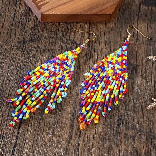 Flower Black Beaded Long Tassel Western Native American Earrings For Women Dangling - color: colorful