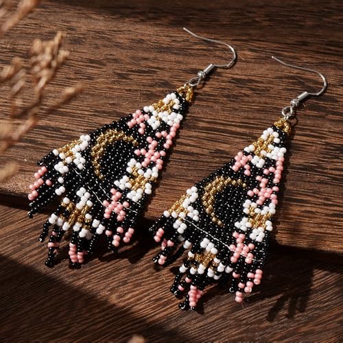Flower Black Beaded Long Tassel Western Native American Earrings For Women Dangling - color: black pink