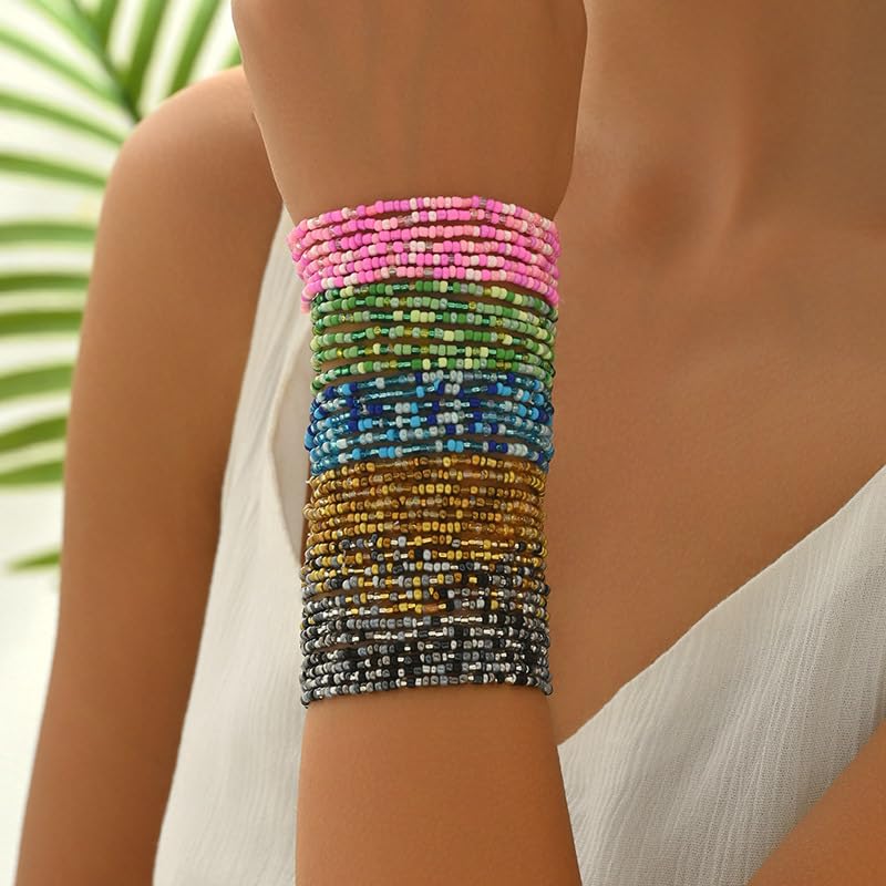 Caiyao 36Pcs Colorful Elastic Seed Beaded Bracelets Set Bohemia Multilayer Rainbow Beaded Stretch Bracelet Anklet Adjustable Glass Beads Wristbands for Women Summer Beach Boho Vaction Jewelry - style: StyleE