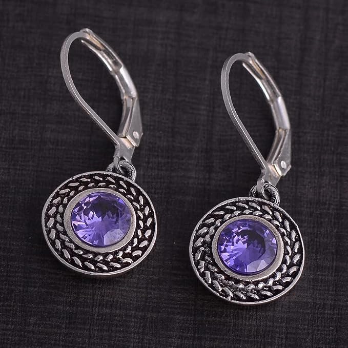 Savma Handmade 925 Sterling Silver Leverback Earrings for Women, Vintage Celtic Round Crystal Dangle Drop Earrings, Lightweight Boho Hypoallergenic Jewelry Gift - color: Dark Blue Stone