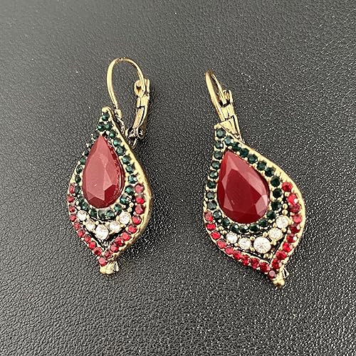 Unique Bohemian Vintage Sparkly Crystal Colorful Round Flower leverback earrings Boho Retro Bronze Circle Beaded Flower Floral Dangle Drop Earrings for Women - color: Red 11