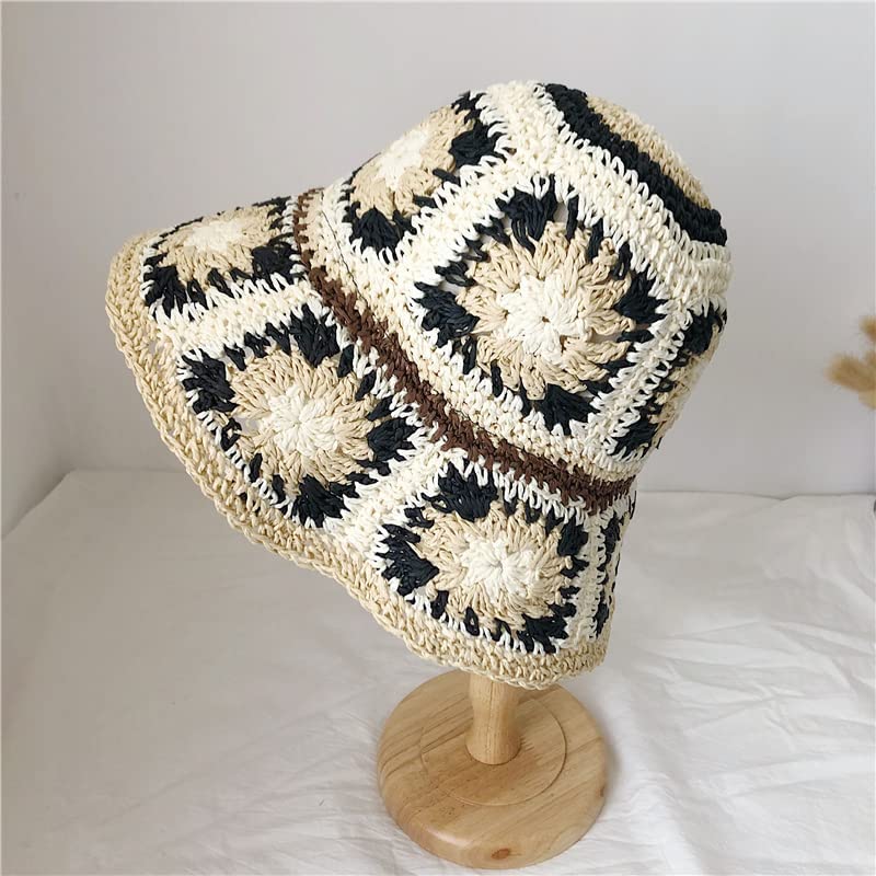 Women Straw Sun Hat Floral Woven Crochet Bucket Hat Y2k Aesthetic Accessories Beach Hat Hand Woven Boho Foldable Cap - color: Black