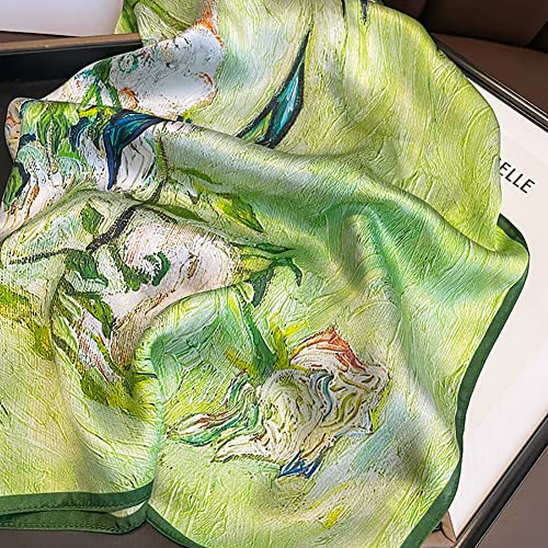 JERLA 100% Pure Mulberry Silk Square Scarf for Hair-27''x27'' Women Men Natural Silk Neckerchief Headscarf - color: Green Oil Painting Flowers