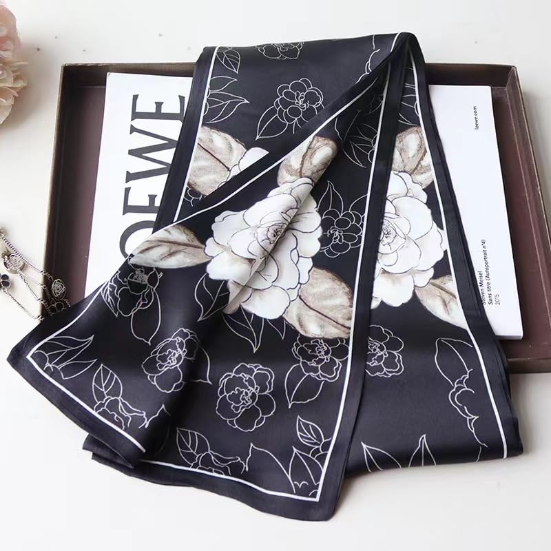 ANDANTINO 100% Silk Scarf for Women 59”*6.3” Long Shawls for Headscarf and Neck- Oblong Hair Wraps with Gift Packed - color: Black&white Camellia Flowers