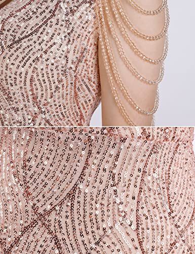 Women One Shoulder 1920s Plus Size Formal Dress Tassels Sleeve Sequins Gatsby Maxi Evening Gown - color: A-gold, size: Medium