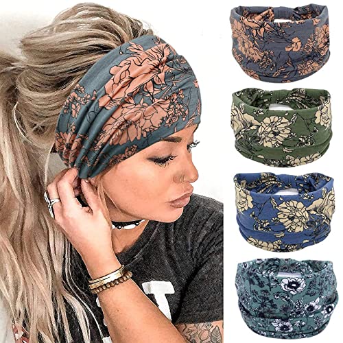 YONUF Wide Boho Headbands for Women Fashion Knotted Headband Yoga Workout Hair Accessories African Head Wrap 4 Pack - color: Flower Print