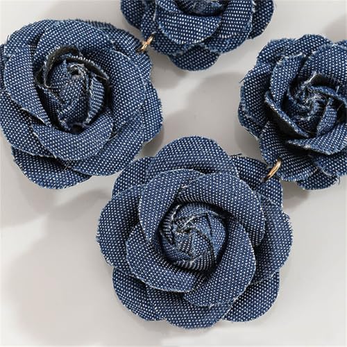 coadipress Boho Denim Camellia Flower Dangle Earrings for Women Exaggerated Big Layered Tiered Blossom Floral Drop Long Earring Chic Statement Earrings Wedding Bridal Jewelry Gifts - style: 2 Flower Dark Blue