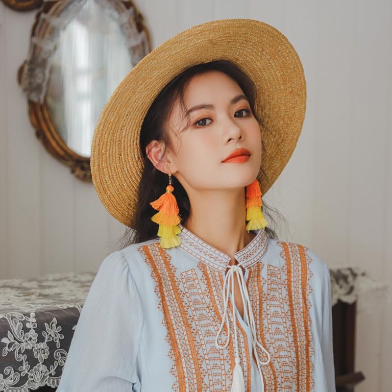 Clip on Earrings, Lightweight Colorful Layered Tassel Bohemian Statement Tiered Big Dangle Drop Earrings for Women, Non Pierced, Boho Jewelry - color: Yellow