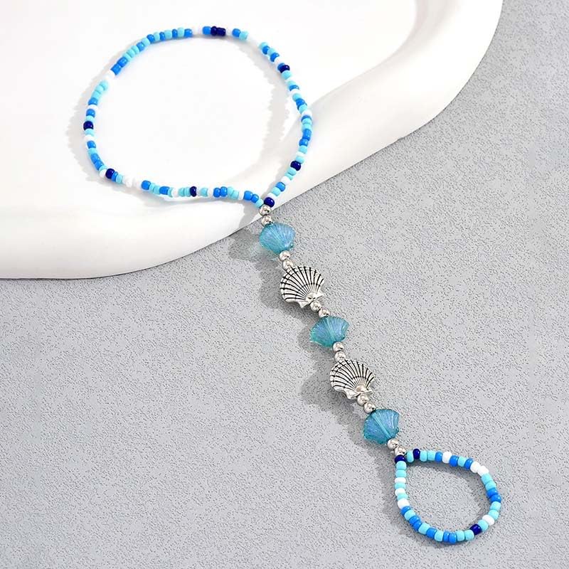 Bohemian Beaded Shell Anklet Barefoot Sandals Ocean Blue Seashell Beach Adjustable Ankle with Toe Ring for Women Dainty Foot Chains Jewelry
