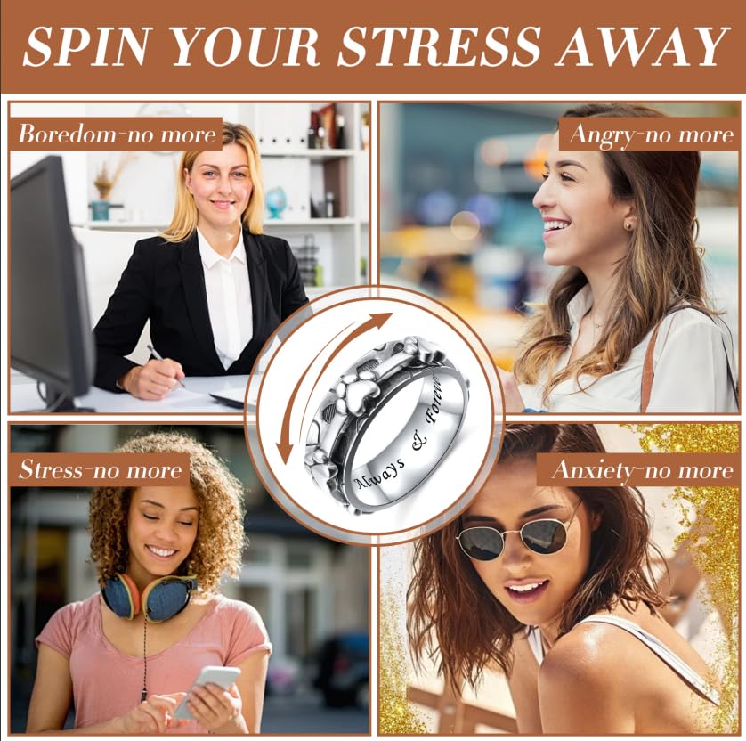Ladytree Spinner Fidget Ring Sterling Silver Thumb Band for Women Anxiety Ring Platinum Plated Worry Stress Relief Just Breathe Boredom ADHD Autism Rings Boho Jewelry Gift - color: K-wide band oxidized pet paw