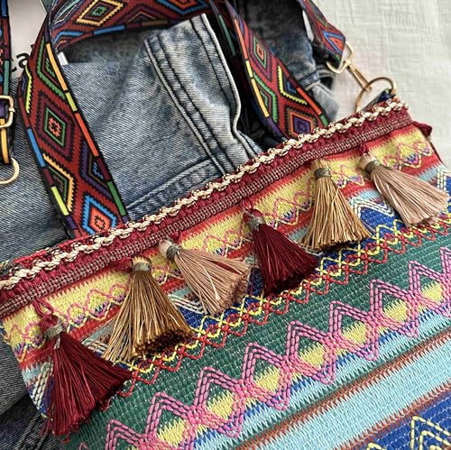 boho western crossbody bags for women, boho hippie handbag tote bag, fringe colorful multi color canvas purse