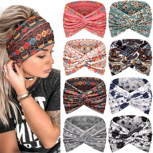 Awumbuk Wide Headbands for Women, 7.08 Inch Thick Boho Turban Style Hair Wraps, Non-Slip Moisture-Wicking Workout Headband for Sports, Yoga, Daily Fashion, 8 Pack Multi Colors (rose pink) - color: rose pink