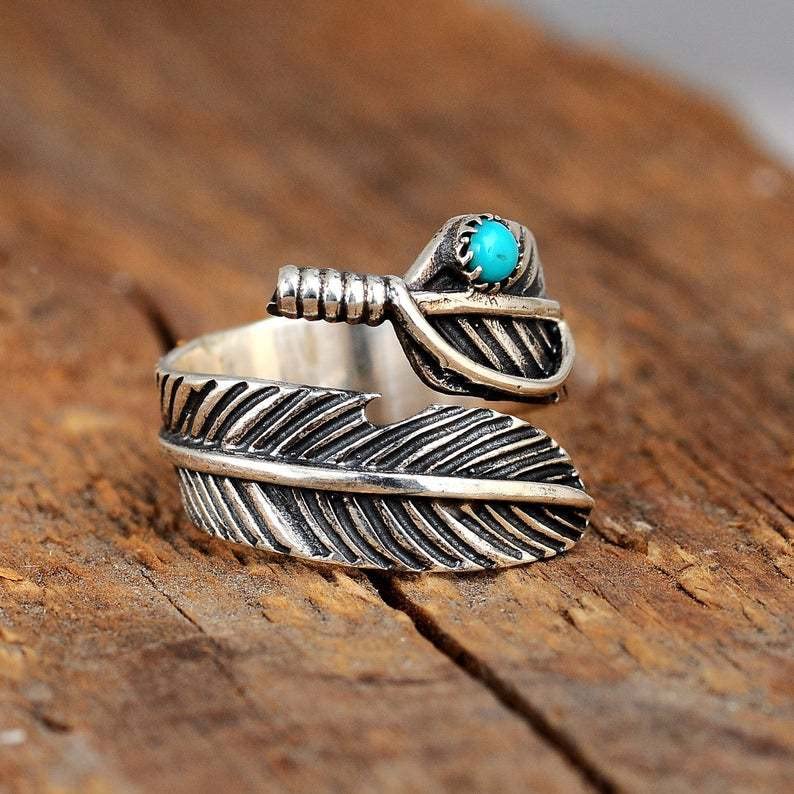 Retro Angel Wing Ring Adjustable Feather Silver Gold Antique Jewelry for Women Men Dainty Wrap Open Thumb Rings for Women Open Punk Birthday Gift Friendship - style: TurquoiseFeather