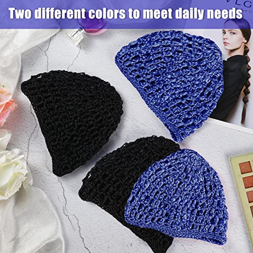 Geyoga 4 Pieces Mesh Crochet Hair Net Rayon Knit Snood Hat Thick Short Women Hairnet Snoods Cover Ornament for Sleeping (Black, Blue) - color: Black, Blue