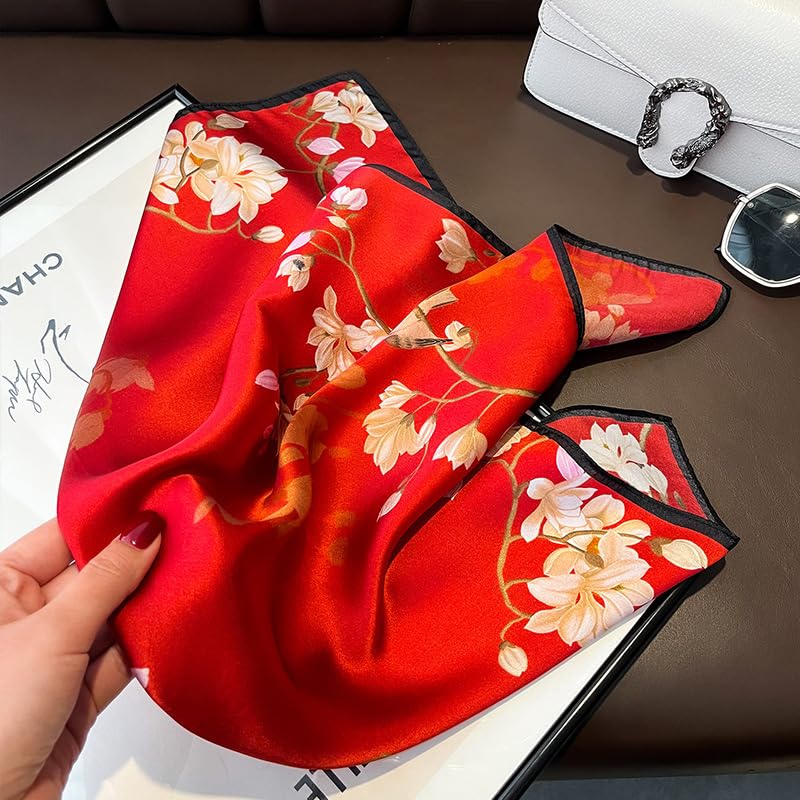 MEISEE 100% Pure Mulberry Silk Scarf 21" Square Scarf Neckerchief Headscarf Breathable Lightweight for Women Gift Packed - color: M3 Red Flower