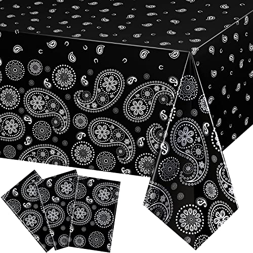 Western Party Tablecloth Paisley Table Cover Bandana Plastic Table Cloth Rectangle Floral Tablecloth for Western Cowboy Themed Party Decorations, 108 X 54 Inches (Black, 3 Pack) - color: Black