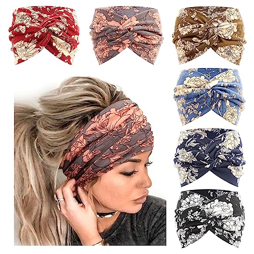 DRESHOW 6 Pack Extra Wide Headbands for Women Large Turban Headband Boho Head Wrap Elastic Hairbands Hair Twisted Knot Hair Accessories - color: 6 Pcs: Floral Color a