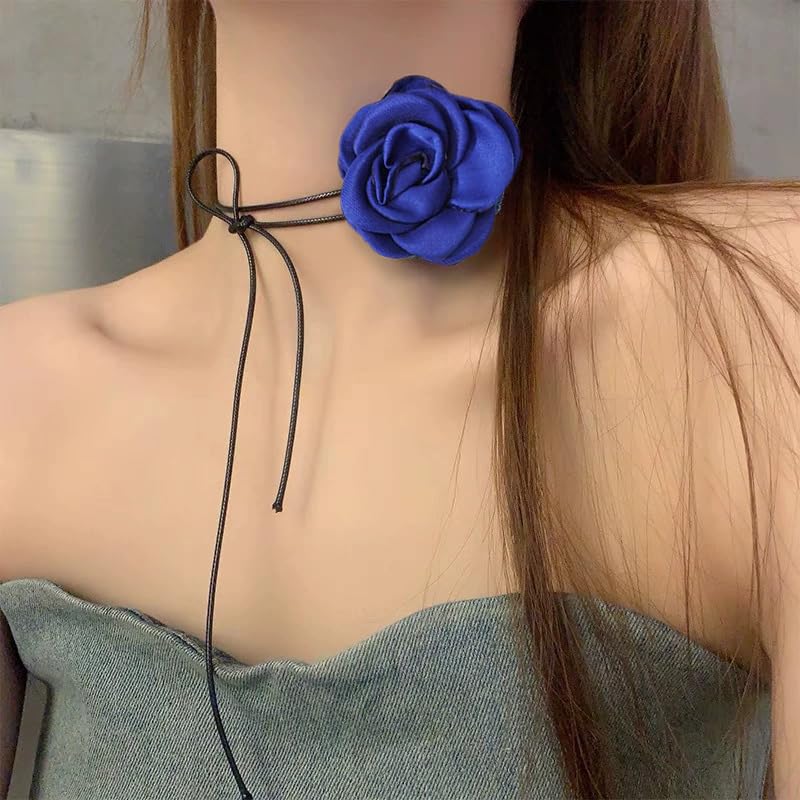 OIDIMS Rose Flower Jewelry Set for Women Classic Velvet Camellia Satin Flowers Choker Necklace Sexy Charms Floral Earring Bracelet for Party Bride Wedding Party Summer Holiday Necklaces - color: Blue