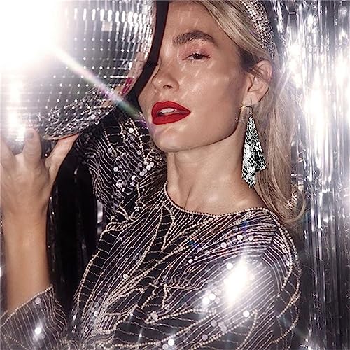 coadipress Metal Mesh Grid Sequins Tassel Long Drop Dangle Earrings for Women Trendy Lightweight Charms Disco Vintage Colorful Long Hook Earrings Bridal Wedding Jewelry - color: Silver