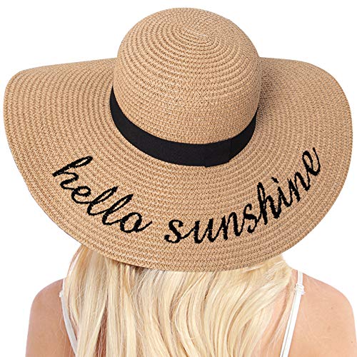 Double Couple Womens Straw Hat Wide Brim Floppy Beach Sun Hat for Women UPF 50+ Adjustable Strap Vacation - color: Hello Sunshine&khaki