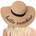 Double Couple Womens Straw Hat Wide Brim Floppy Beach Sun Hat for Women UPF 50+ Adjustable Strap Vacation - color: Hello Sunshine&khaki