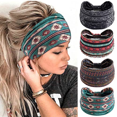FULZTEY Boho Headbands for Women Fashion Wide Knot Hair Bands Elastic Turban Head Wraps Yoga Running Sweatband Vintage Printed Hair Accessories for Women and Girls 4Pcs - color: Style 1