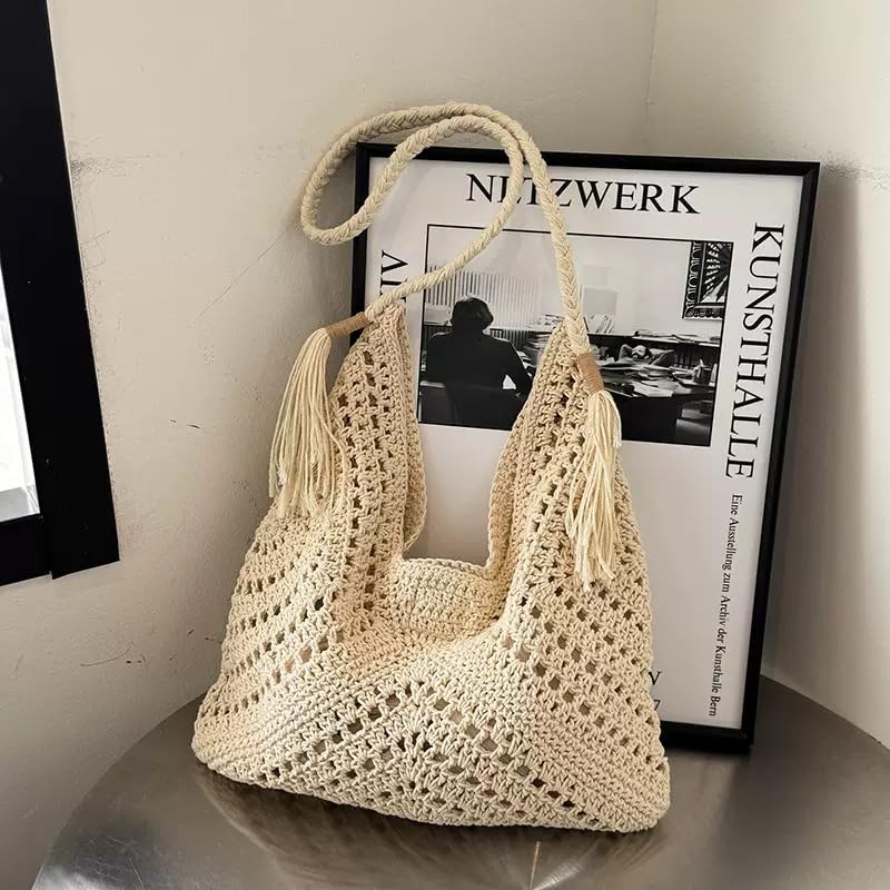 Crochet Beach Bags for Women Woven Purses Shoulder Bag Tote Handbag Summer Beach Purse - color: Wy13-white