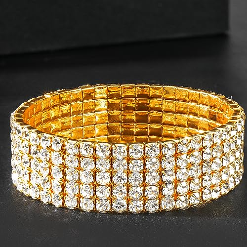 Zealmer Sparkle Multicolor Rhinestone Stackable Stretch Bracelets for Women - color: 5 Row Gold Bracelet
