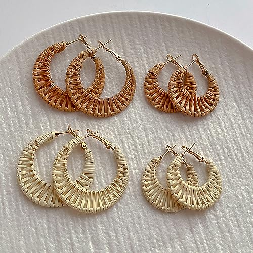 Lightweight Geometric Rattan Earrings for Women Handmade Braid Woven Raffia Straw Wicker Hoop Statement Earrings Summer Jewelry - color: small dark