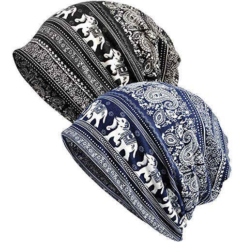 XYIYI Womens Chemo Headwear Hats Cotton Slouchy Beanie Cap Scarf - color: 2pcs Elephant-h