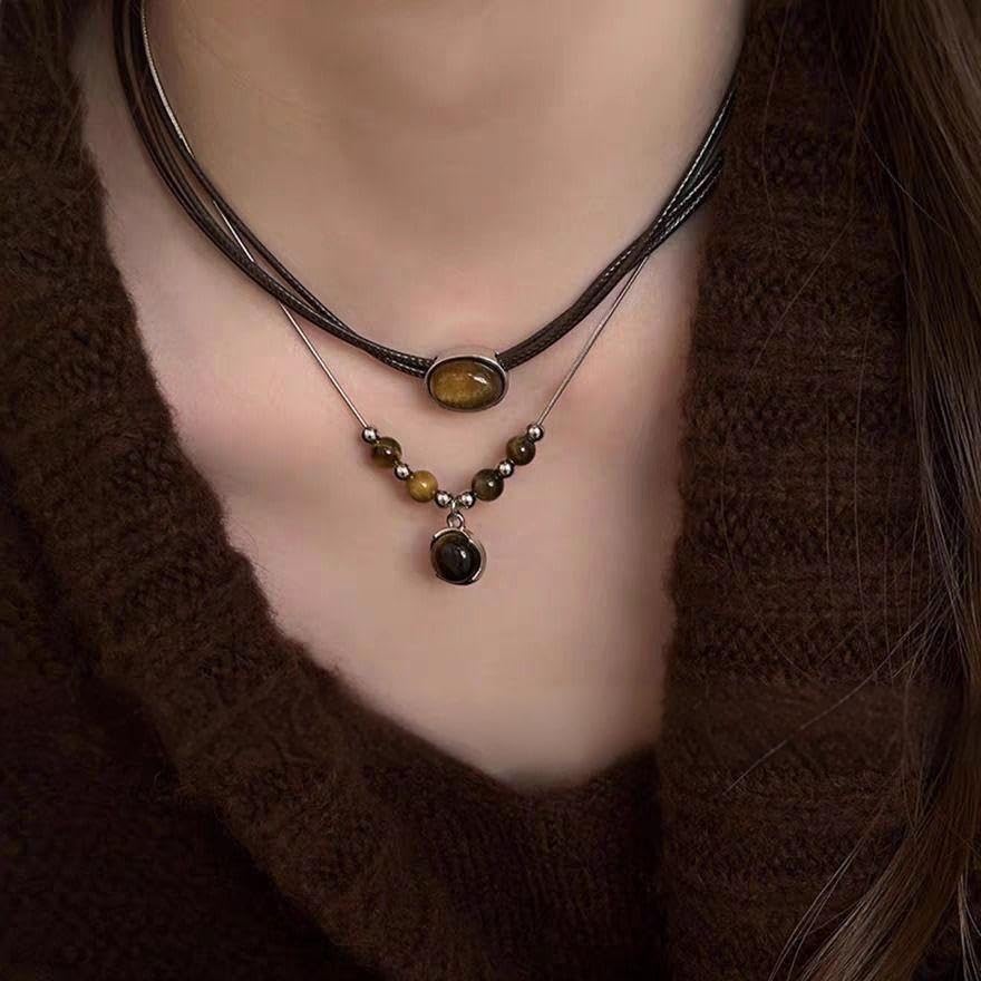 Tiger Eye Necklace for Women Vintage Gold Tiger Eye Brown Stone Pendant Layered Stack Beaded Necklace Elegant Vintage Boho Jewelry - style: SetC
