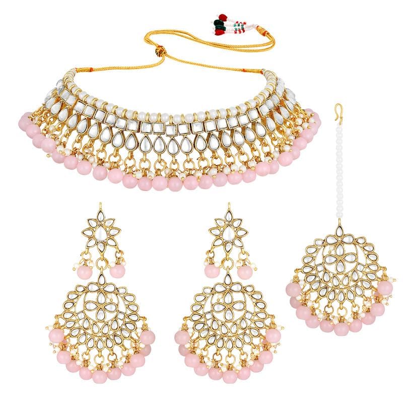 Aheli Faux Kundan Beaded Necklace Earrings Maang Tikka Indian Bollywood Ethnic Jewelry Set Gift for Women - color: Pink 2
