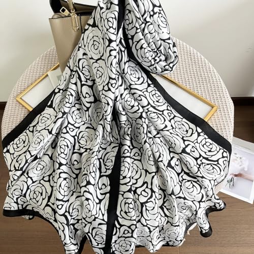 Long Silk Like Scarf Lightweight Satin Scarves Large Sunscreen Shawl Wrap for Women - color: 022.flowers Black and White