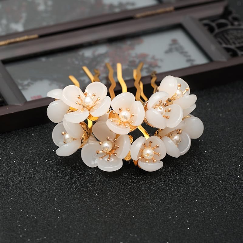 2pcs Retro Chinese Hanfu Wedding Brides Hair Accessories, Camellia Flower Tassels Hairpin, Crystal Rhinestone Pearl Hair Clips Headpiece, White - color: 2 white