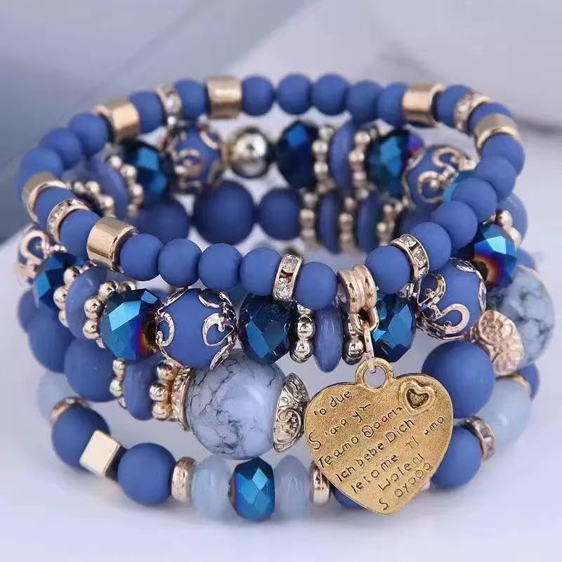Nyx&lvy Pink Crystal Beaded Stretch Bracelet Set with Gold Heart Charm, Multi-Strand Fashion Jewelry for Women - style: Purple