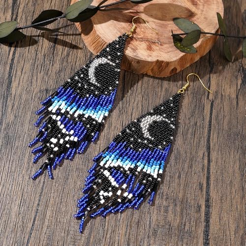 Bohemian Beaded Long Tassel Dangle Earrings for Women, Handmade Jewelry White Tarnish Resistant Lightweight Design, Stylish Accessory for Beach Vacation Party and Gift - color: blue-2