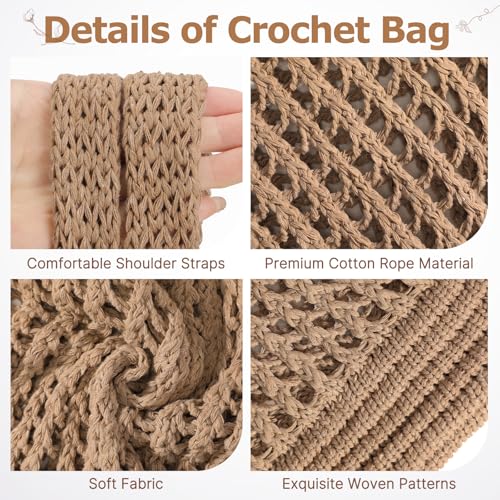 Tavaleu Crochet Tote Beach Bags for Women, Mesh Beach Tote Knit Bag, Summer Vacation Aesthetic Boho Hobo Shoulder Bag - color: Dark Khaki - Grid