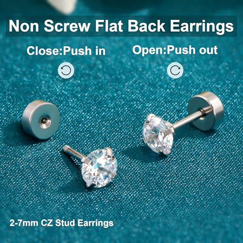 Flat Back Stud Earrings for Women - Hypoallergenic Surgical Steel Earrings with CZ Stones - 6 Pairs (18-20G) - color: Silver, size: 18 G