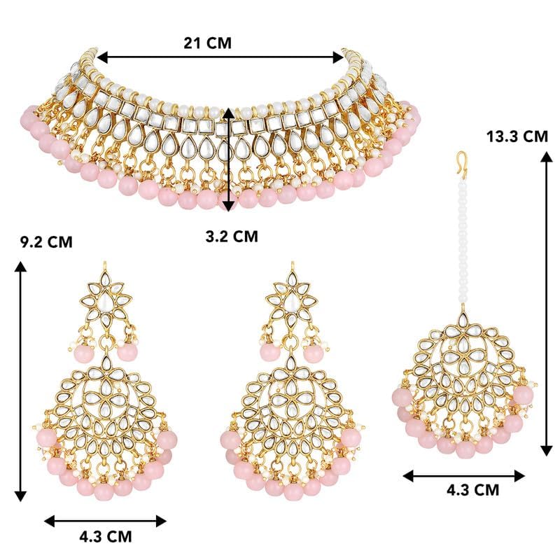 Aheli Faux Kundan Beaded Necklace Earrings Maang Tikka Indian Bollywood Ethnic Jewelry Set Gift for Women - color: Pink 2